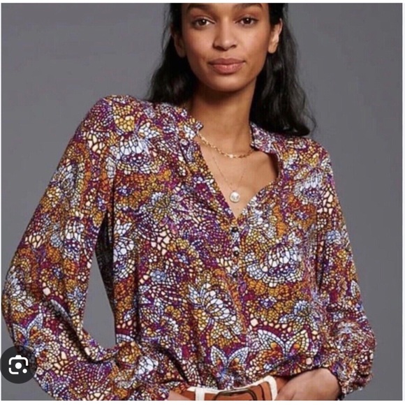 Maeve Tops - ANTHROPOLOGIE MAEVE Colette Peasant Blouse in Stained Glass Print Size M